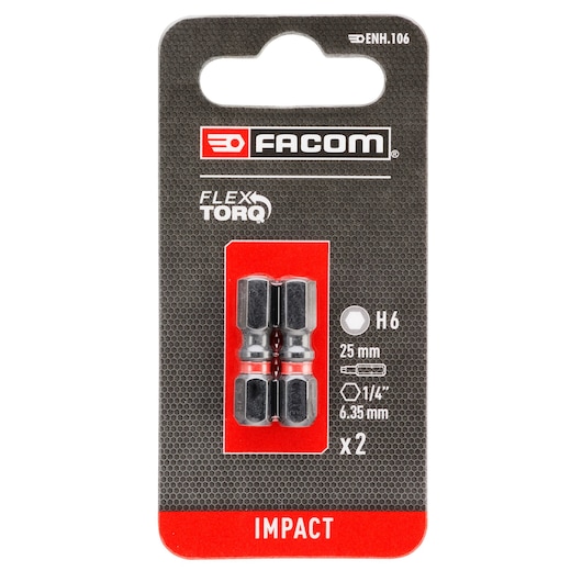 Photo of Facom ENH_106 impact hex bits pack, 25 mm, H6, set of 2, front view on white background.