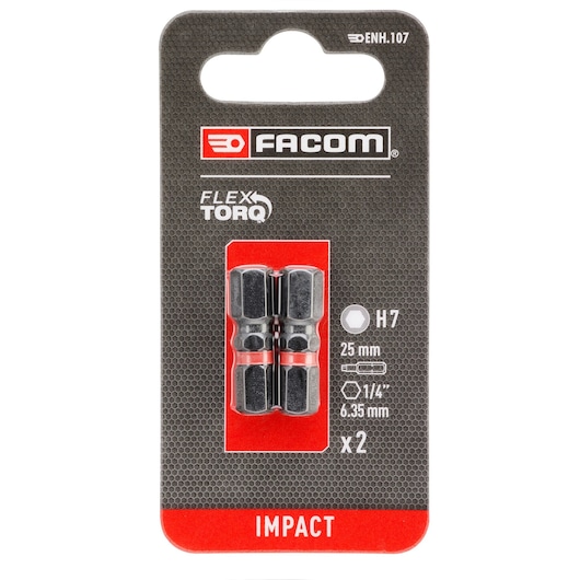 Photo of Facom ENH_107 impact hex bits set, two 25mm H7 bits, front packaging view on white background.