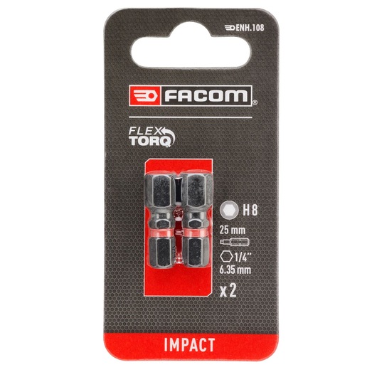 Packaging of Facom FlexTorq ENH.108 impact bits, set of two H8 hex bits, 25 mm length, 1/4 inch (6.35 mm) size, shown in a black and red blister pack labeled IMPACT.