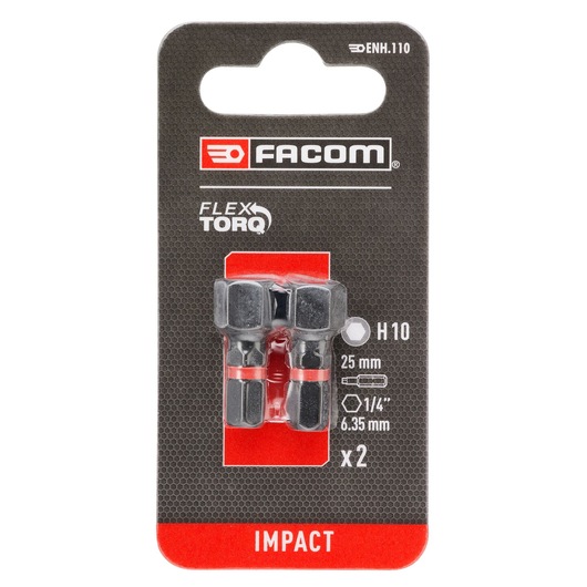 Facom ENH_110 impact hex driver bit set, two pieces, H10, 25mm, packaging front angle.