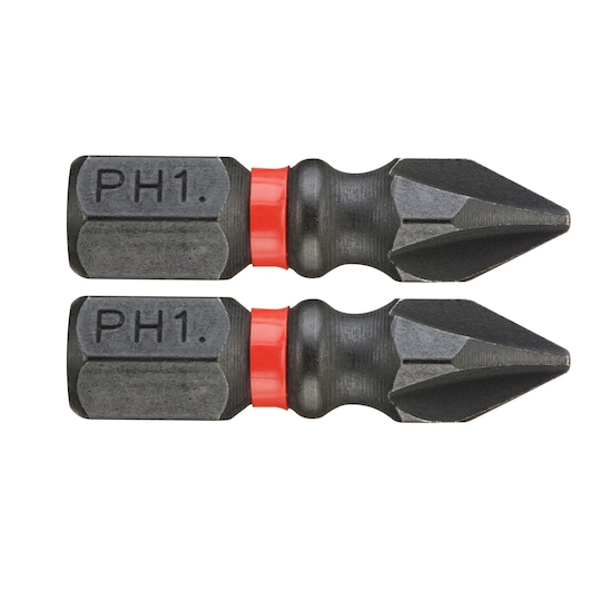 Facom ENP_101 screwdriver bits, PH1 size, set of two, black with red rings, side view on white background.