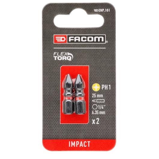 Facom ENP_101 impact screwdriver bits, set of 2 PH1, 25mm, front packaging view on white background.
