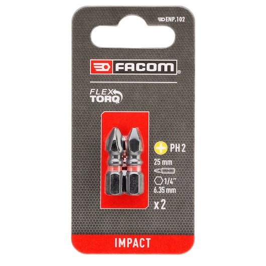 Pack of two Facom Flex Torq PH2 impact screwdriver bits, 25mm length, suitable for 1/4 inch (6.35mm) drives. The bits are displayed in transparent packaging with black and red background.