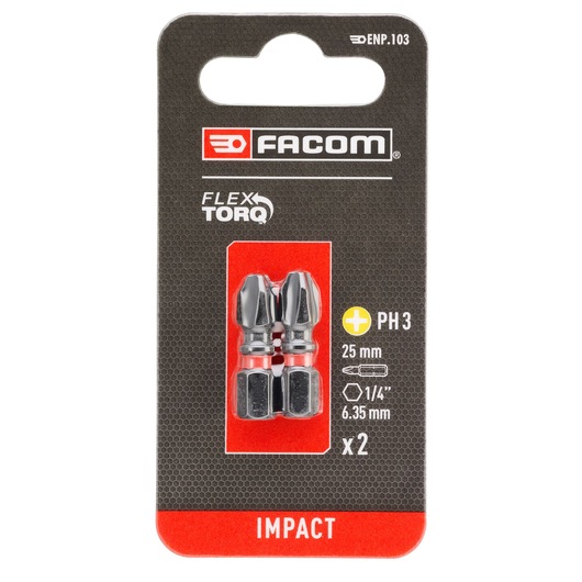 Facom ENP_103 pair of PH3 25mm impact screwdriver bits, silver with red band, retail packaging, front view.