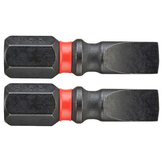 Facom ENS_105_5 flat screwdriver bits with red ring, front angle, photography on white background.