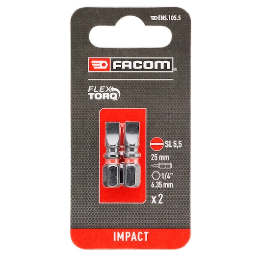 Facom ENS_105_5 screwdriver bits pack of two, Flex Torq, 25mm, SL 5.5, front angle on white background.