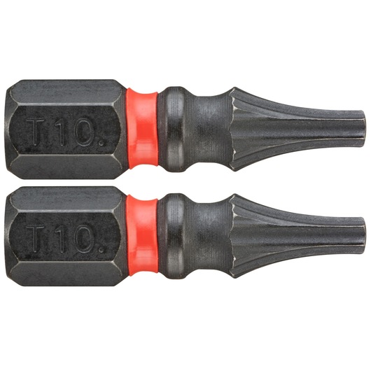 Photo of two Facom T10 black screwdriver bits with red rings, side by side, ENX_110, white background.