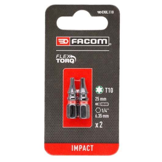 Facom ENX_110 twin pack impact Torx T10 screwdriver bits, 25mm length, in retail packaging, front angle.