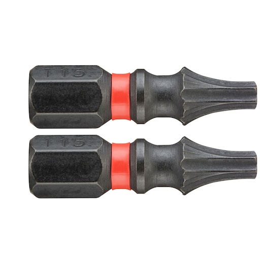 Facom ENX_115 two black steel T15 screwdriver bits with red ring, side view, white background.
