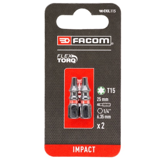 Facom ENX_115 pack of two 25mm T15 impact screwdriver bits, FLEXTORQ, front view on white background.