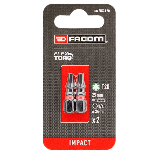 Facom ENX_120 two-pack T20 impact screwdriver bits, silver, 25mm, front view on white background.