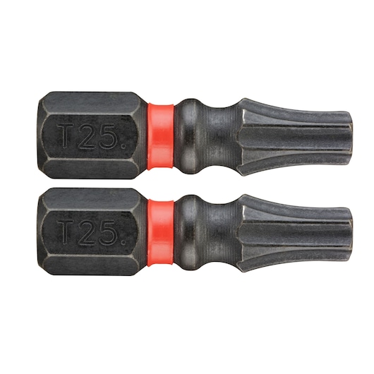 Facom ENX_125 screwdriver bits T25, black with red ring, set of two, side view, white background.