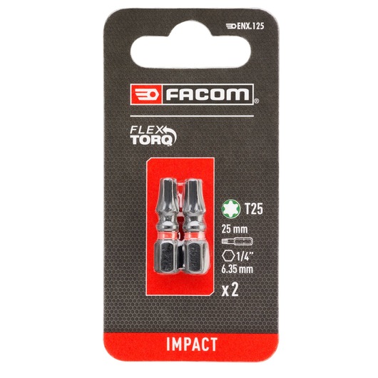 Facom ENX_125 Flex Torq impact T25 screwdriver bits 25mm pack of 2, product front angle on white background.