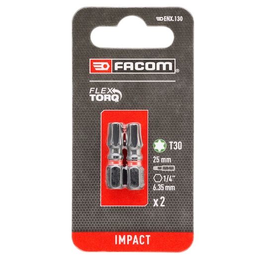 Facom T30 impact screwdriver bits, 25mm, set of 2, ENX_130, front packaging photo.