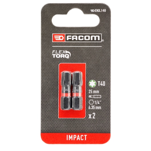 Facom ENX_140 Flex Torq T40 impact bits, 25mm, pack of 2, front angle on white background.
