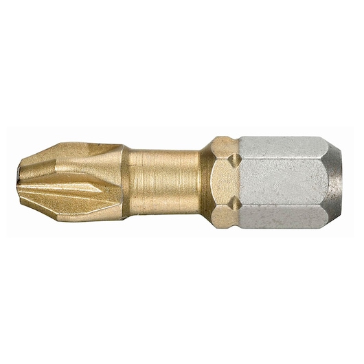 Photo of Facom EP_133T screwdriver bit, gold and silver, close-up on white background, tool photography.