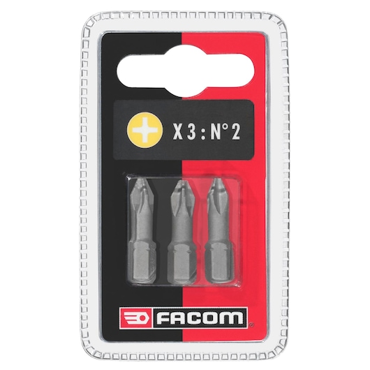 Facom EP102T_J3 three-piece Phillips screwdriver bit set in black and red retail packaging, front view.