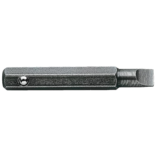 Facom ES_002_5 flathead screwdriver bit with hex shank, side angle, metallic finish, white background.
