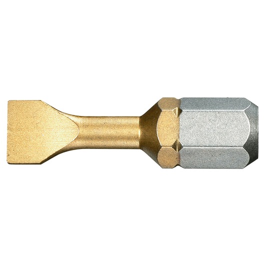 Facom ES_124_5T flat tip gold and silver hex screwdriver bit, side angle, on white background.