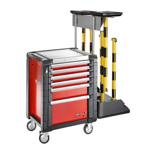 Facom EVJET-SUP tool trolley with drawers and yellow-black safety posts, front angle, white background.