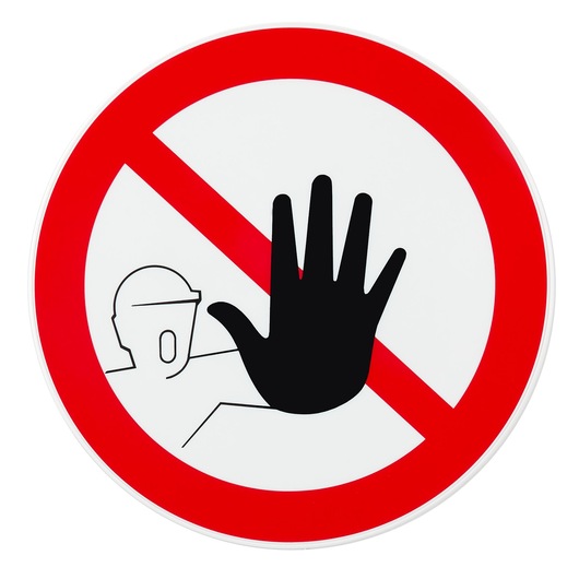 Facom EVPP safety sign, round white sign with red border and black hand symbol for access prohibition, front view.