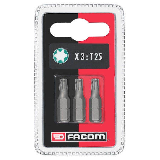 Facom EX115_J3 set of three T25 Torx screwdriver bits in blister packaging, front angle.