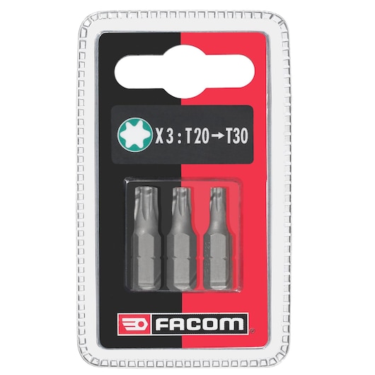 Facom EX12J3 set of three Torx bits T20 to T30 in retail blister packaging, front view, with red and black design.