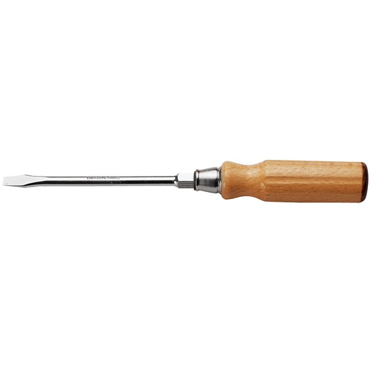 Facom ATHH_5_5X100 flathead screwdriver with chrome shaft and wooden handle, side view on white background.