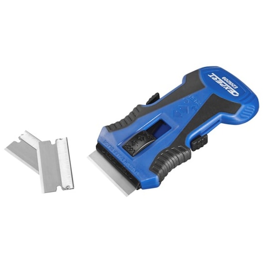 Facom E201209 blue and black ergonomic scraper tool with two replacement blades, front angle.