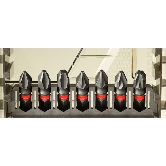 Facom EN_1J24PB screwdriver bit set with seven bits and red rings, front angle, on white background.
