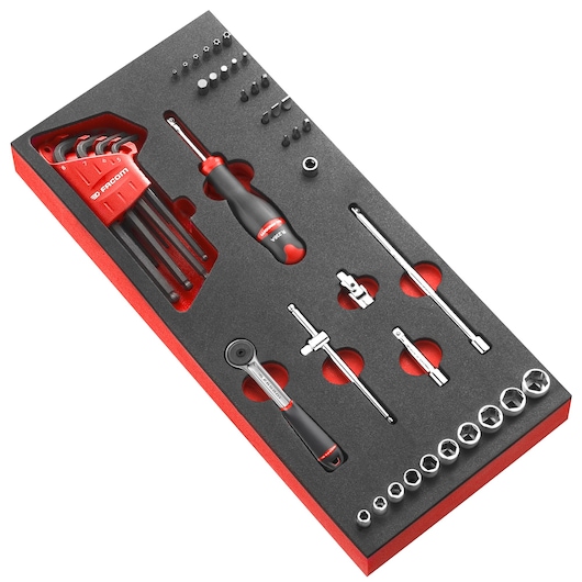 Facom MODM_R161-36 hand tool set with sockets, bits, hex keys, ratchet, and screwdriver in foam tray, top view.