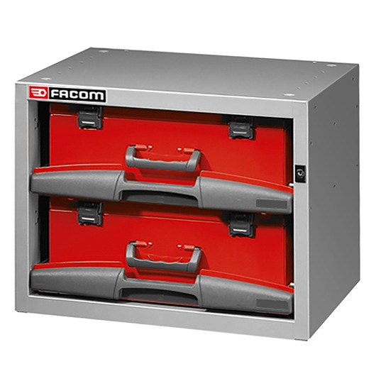 Facom F50000001 tool storage unit with two red drawers and gray handles, front angle, white background.