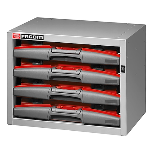 Facom F50000003 tool storage unit with four grey and red drawers, front angle on white background.