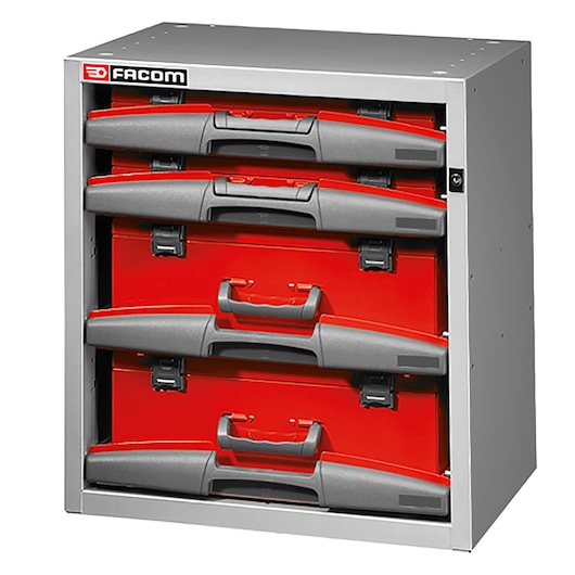 Facom F50000023 tool storage cabinet with four red drawers, gray handles, front angle, photography.