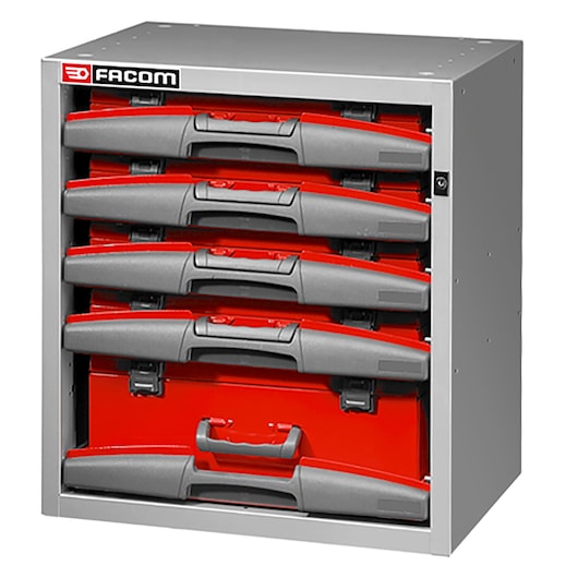 Facom F50000024 modular storage unit with five red and grey drawers, front angle, white background.