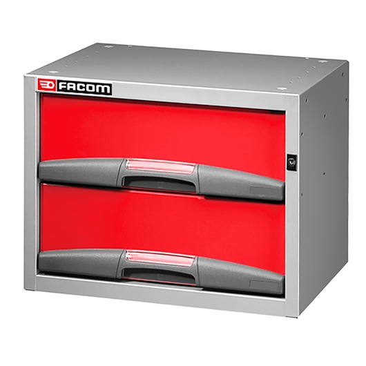 Facom F50000041 metal storage cabinet with two red drawers, front angle on white background.