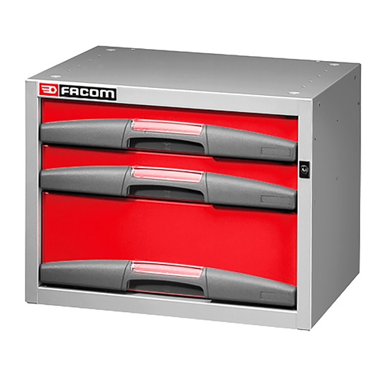 Facom F50000042 tool storage cabinet with three red drawers and black handles, front angle on white background.