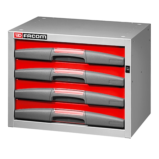 Facom F50000043 tool cabinet with four gray drawers, red front, silver body, straight-on angle.