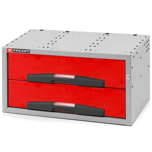 Facom F50000051 red and gray metal two-drawer tool cabinet, front angle, white background.