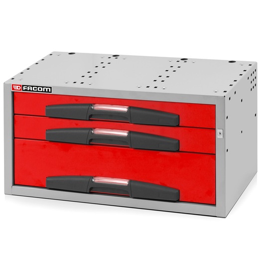 Facom F50000052 red and gray metal tool chest with three drawers, front angle on white background.