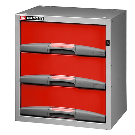 Facom F50000062 red and grey tool storage cabinet with three drawers, angled front view, white background.