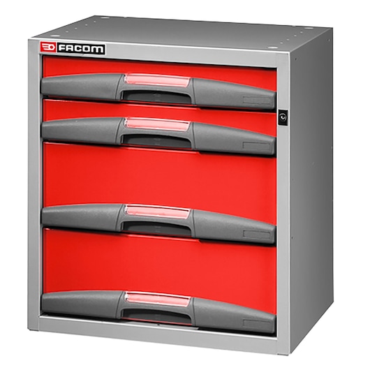 Facom F50000063 red and grey tool chest with four drawers, front angle on white background.