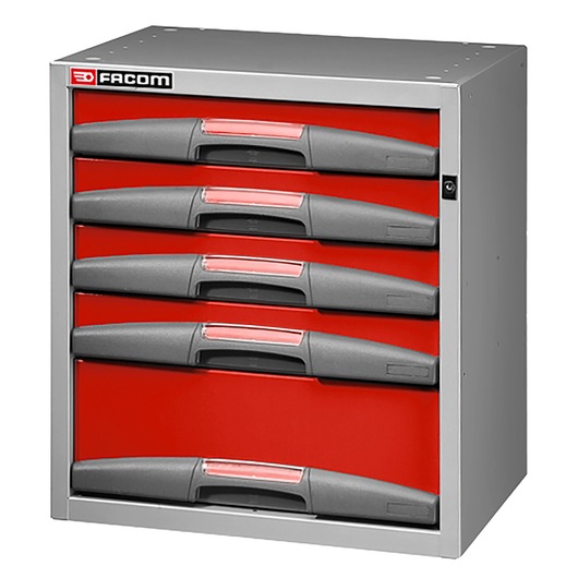 Facom F50000064 red and grey tool cabinet with five drawers, photo taken from front angle on white background.