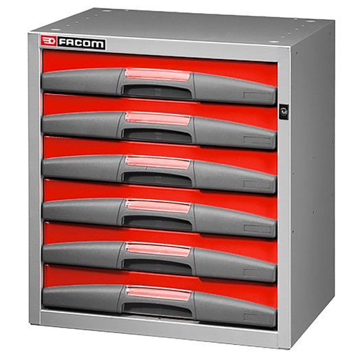 Facom F50000065 metal tool chest with six black-handled red drawers, angled front view, white background.