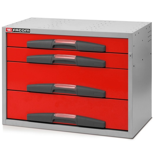 Facom F50000072 tool chest with four red drawers and black handles, front angle on white background.