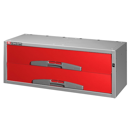 Facom F50000084 steel tool chest with two red drawers, angled front view, grey handles, white background.