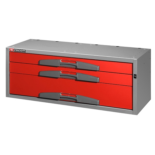 Facom F50000085 tool chest with three red drawers and gray handles, front angle on white background.