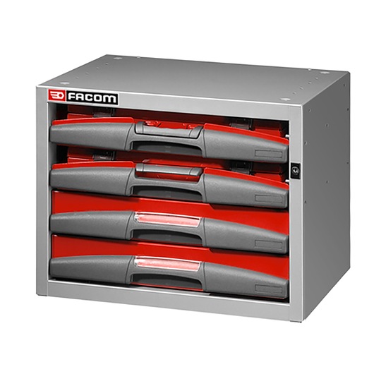 Facom F50000101 gray and red tool chest with four drawers, front angle, white background.