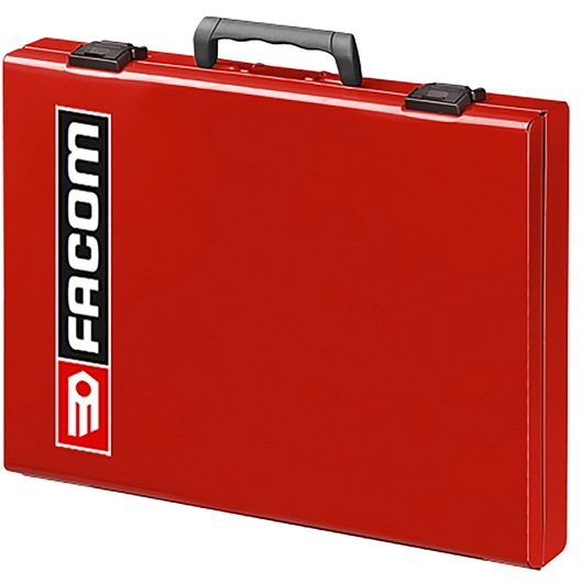 Facom F50000301 red metal tool case with black handle, front angle, photography on white background.