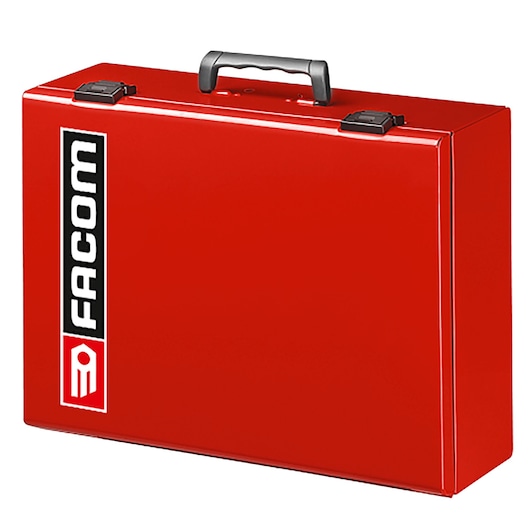 Facom F50000302 red metal tool case with black handle and latches, front angle on white background.
